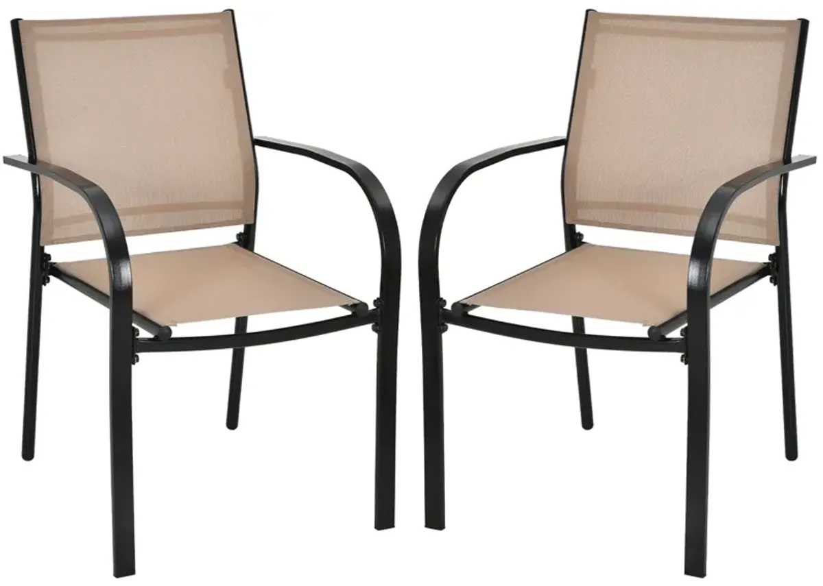 Set of 2 Patio Stackable Dining Chairs with Armrests Garden Deck-Brown