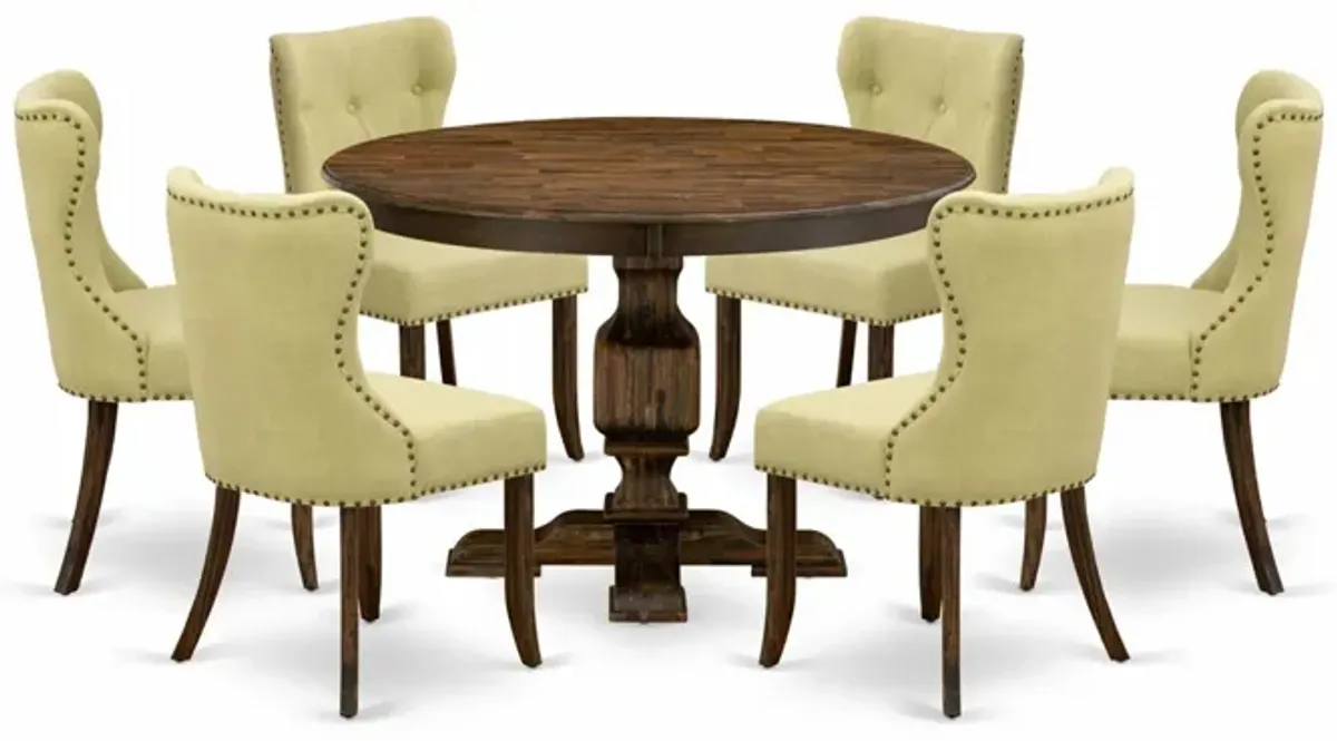 East West Furniture F3SI7-737 7Pc Dining Room Set - Round Table and 6 Parson Chairs - Distressed Jacobean Color
