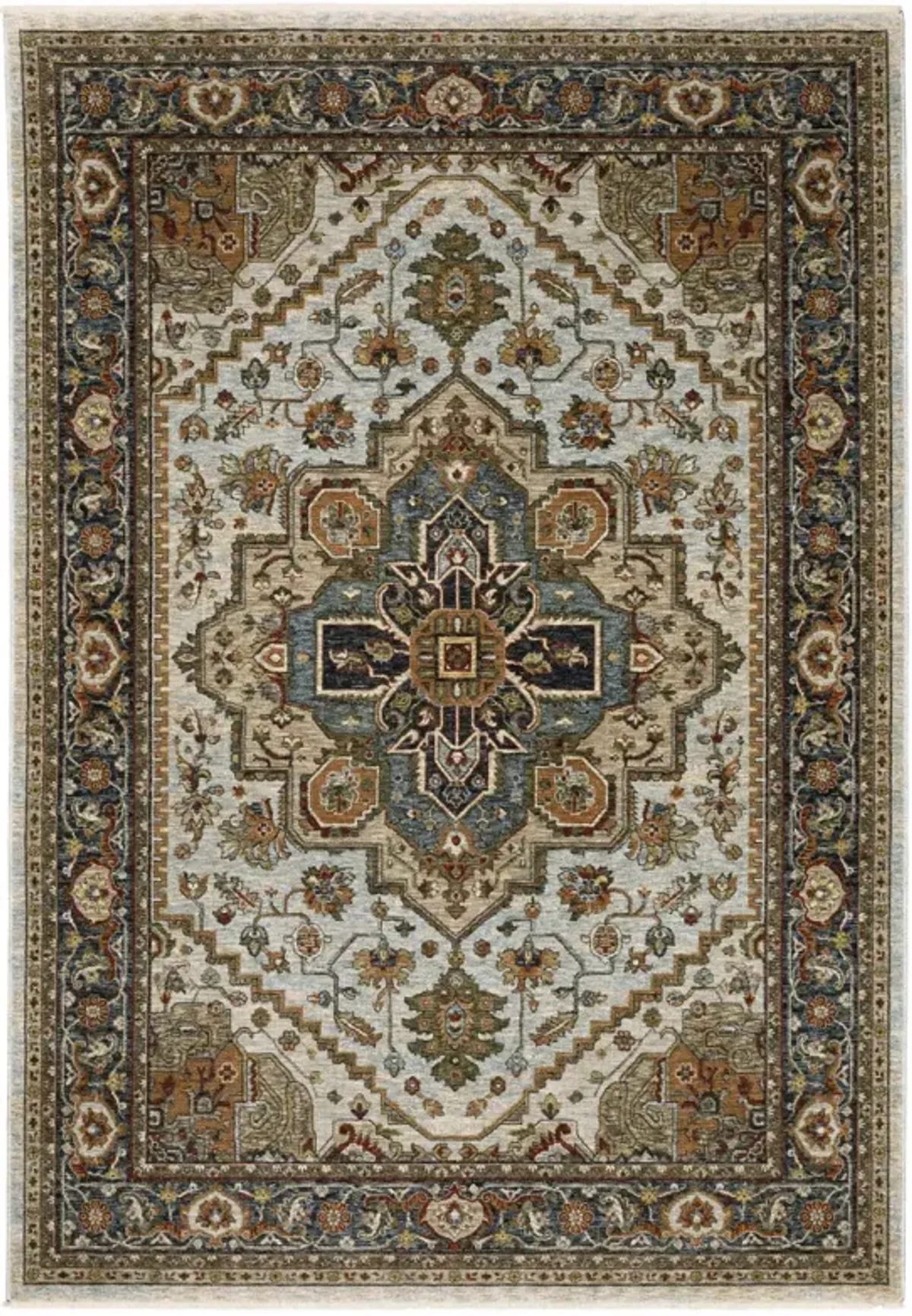 2 X 3 Ivory Beige Blue Orange gold green grey And Rust Oriental Power Loom Stain Resistant Area Rug With Fringe