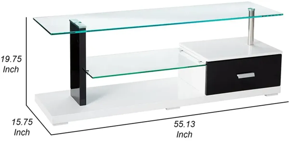 55 Inch TV Entertainment Console, Glass Top, Chrome Posts, Black, White - Benzara