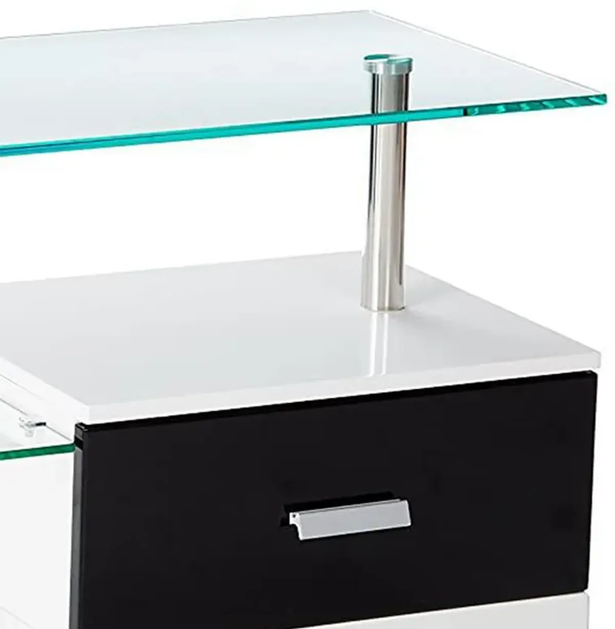 55 Inch TV Entertainment Console, Glass Top, Chrome Posts, Black, White - Benzara