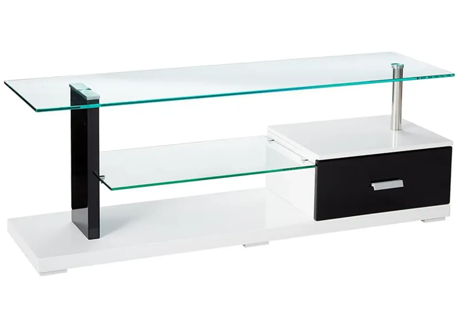 55 Inch TV Entertainment Console, Glass Top, Chrome Posts, Black, White - Benzara