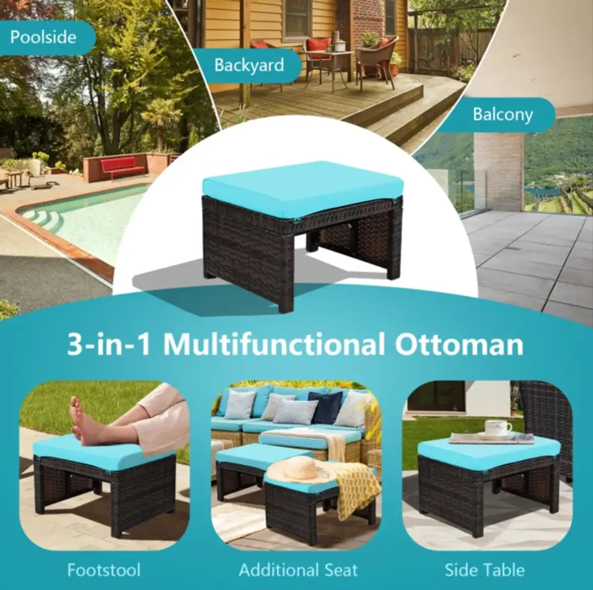 Hivvago 2 Pieces Patio Rattan Ottomans with Soft Cushion for Patio and Garden