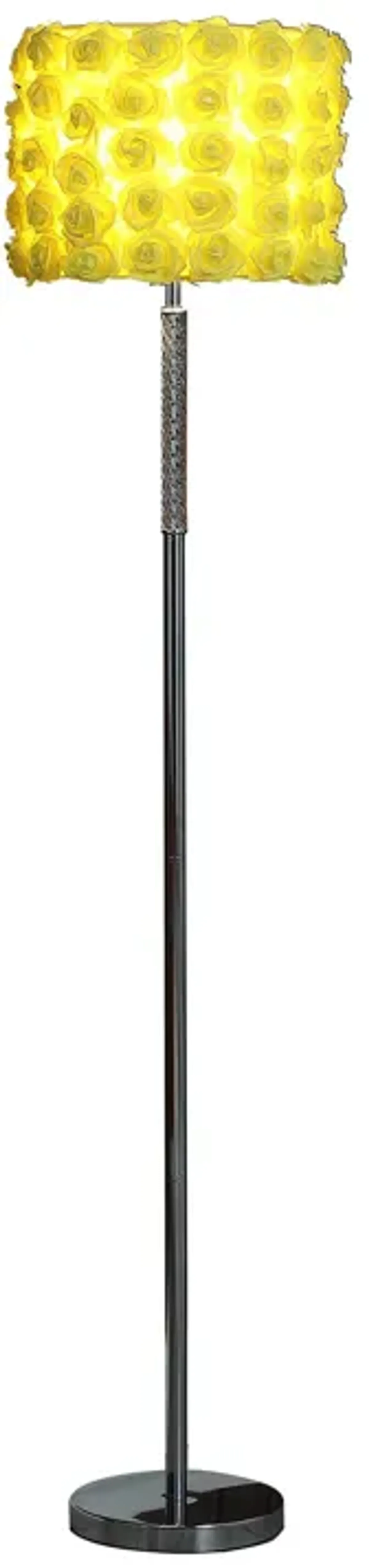 Finn 63 Inch Glamorous Floor Lamp, Rose Accent Shade, 100W, Yellow, Silver-Benzara