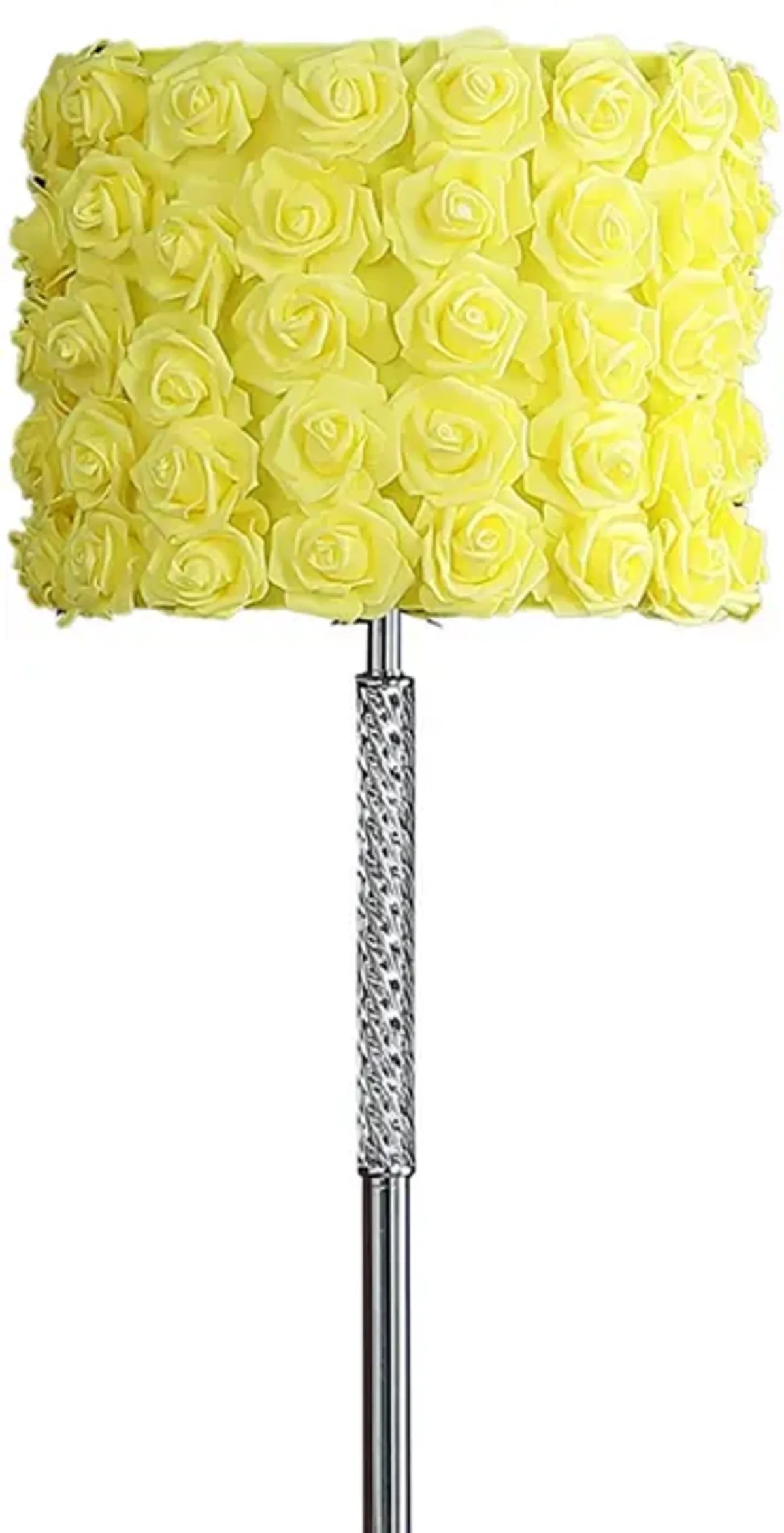 Finn 63 Inch Glamorous Floor Lamp, Rose Accent Shade, 100W, Yellow, Silver-Benzara