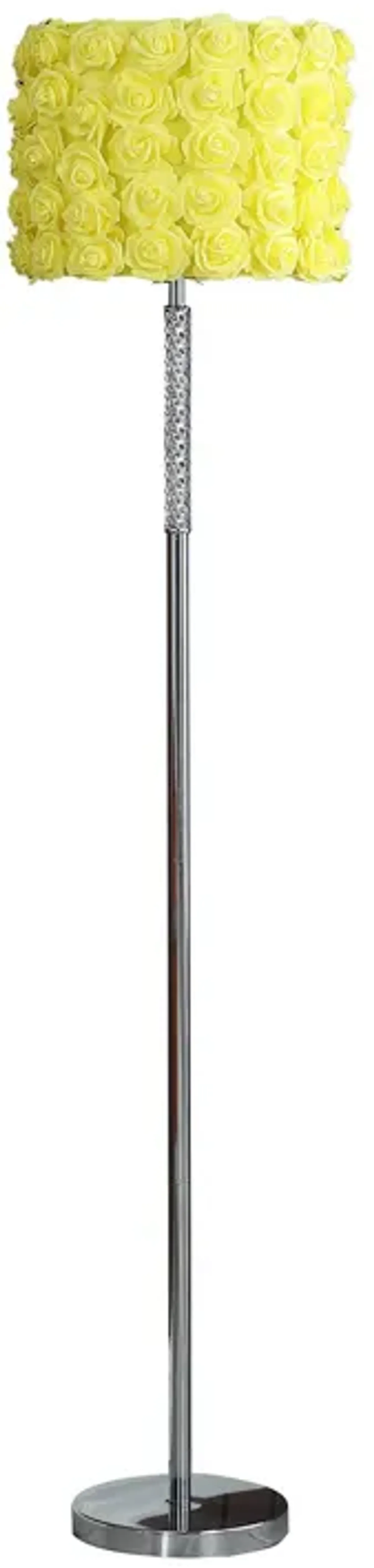 Finn 63 Inch Glamorous Floor Lamp, Rose Accent Shade, 100W, Yellow, Silver-Benzara