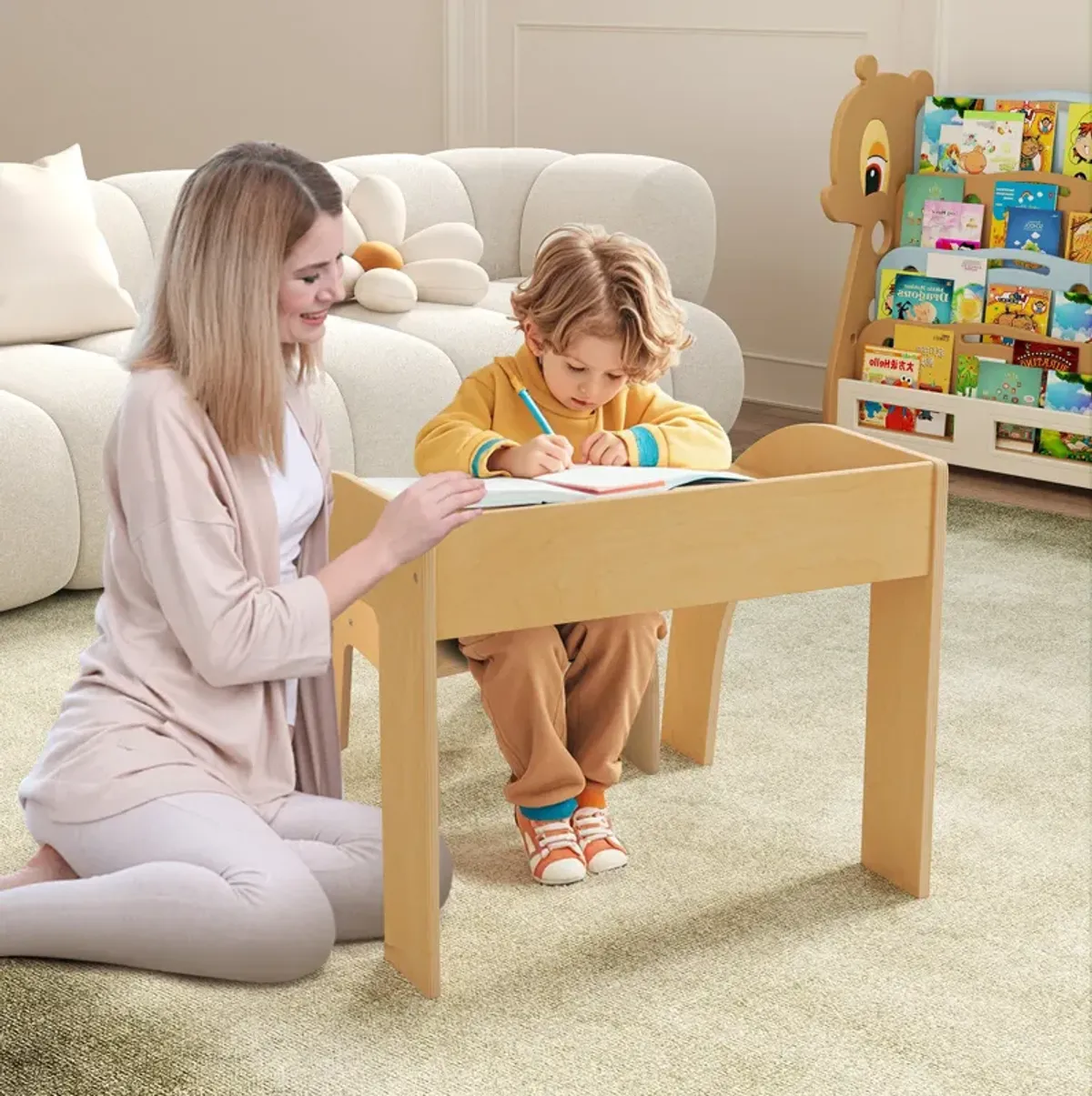 Kids Table and Chair Set with Wide Tabletop and Curved Edges for Kids Room