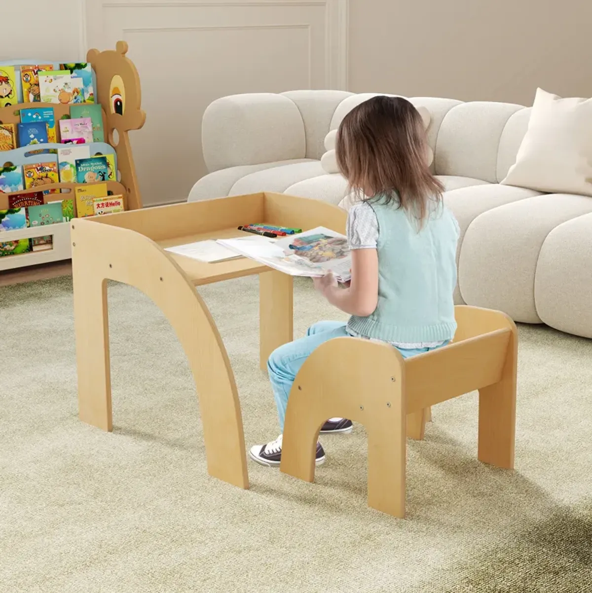 Kids Table and Chair Set with Wide Tabletop and Curved Edges for Kids Room