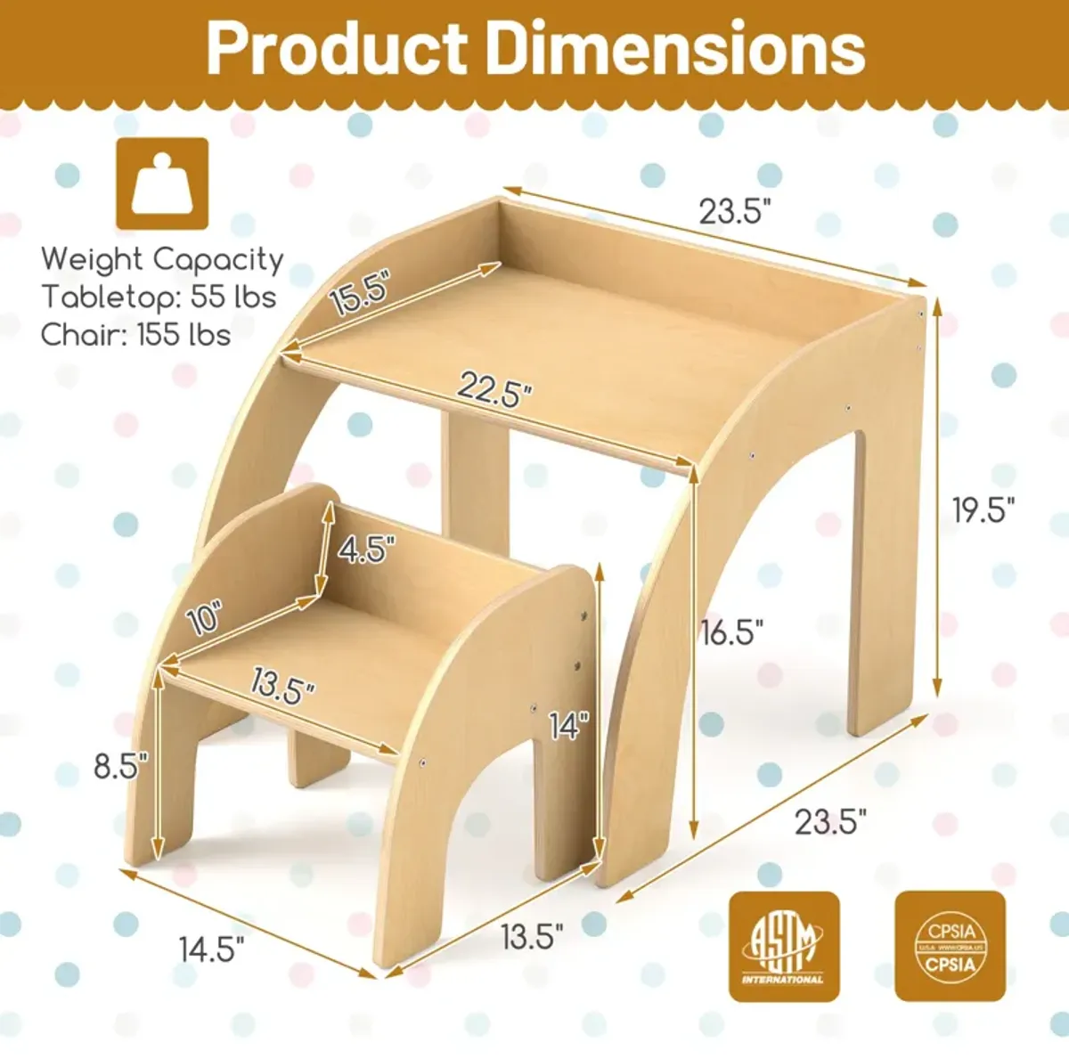 Kids Table and Chair Set with Wide Tabletop and Curved Edges for Kids Room