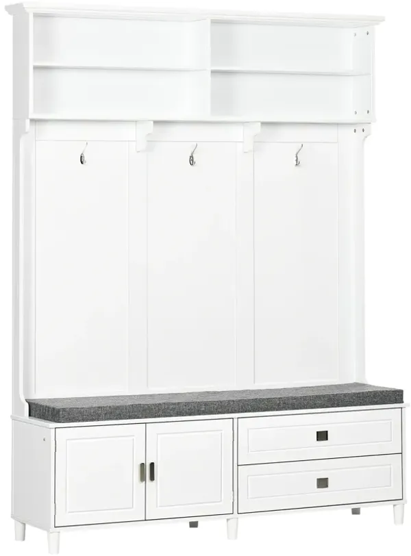 HOMCOM Hall Tree with Storage Bench, Entryway Bench with Coat Rack, Accent Coat Tree with Storage Shelves, Cabinet and Drawers for Hallway, Mudroom, White
