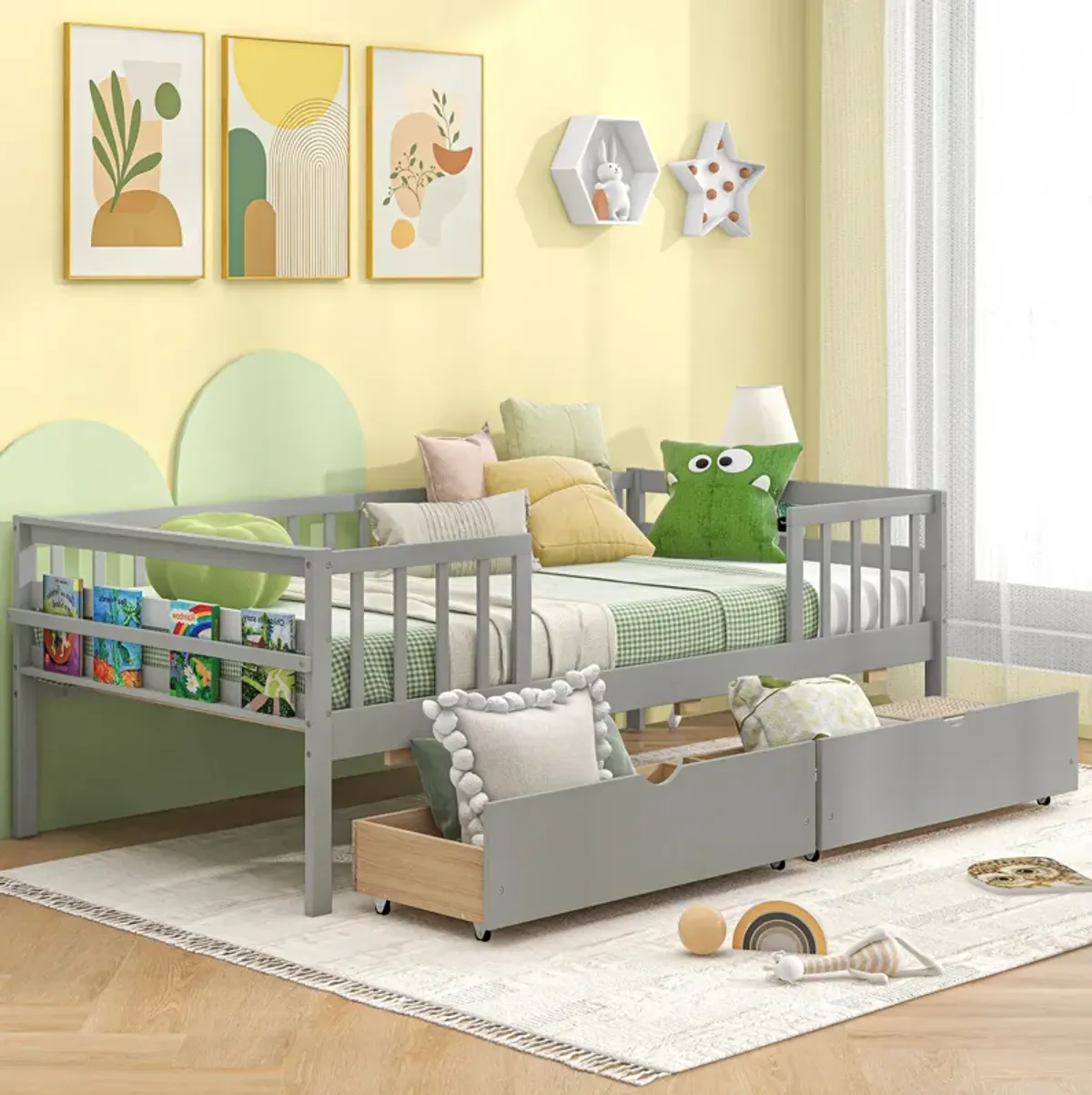 Kids Daybed with Fence and 2 Storage Drawers for Boys and Girls Bedroom