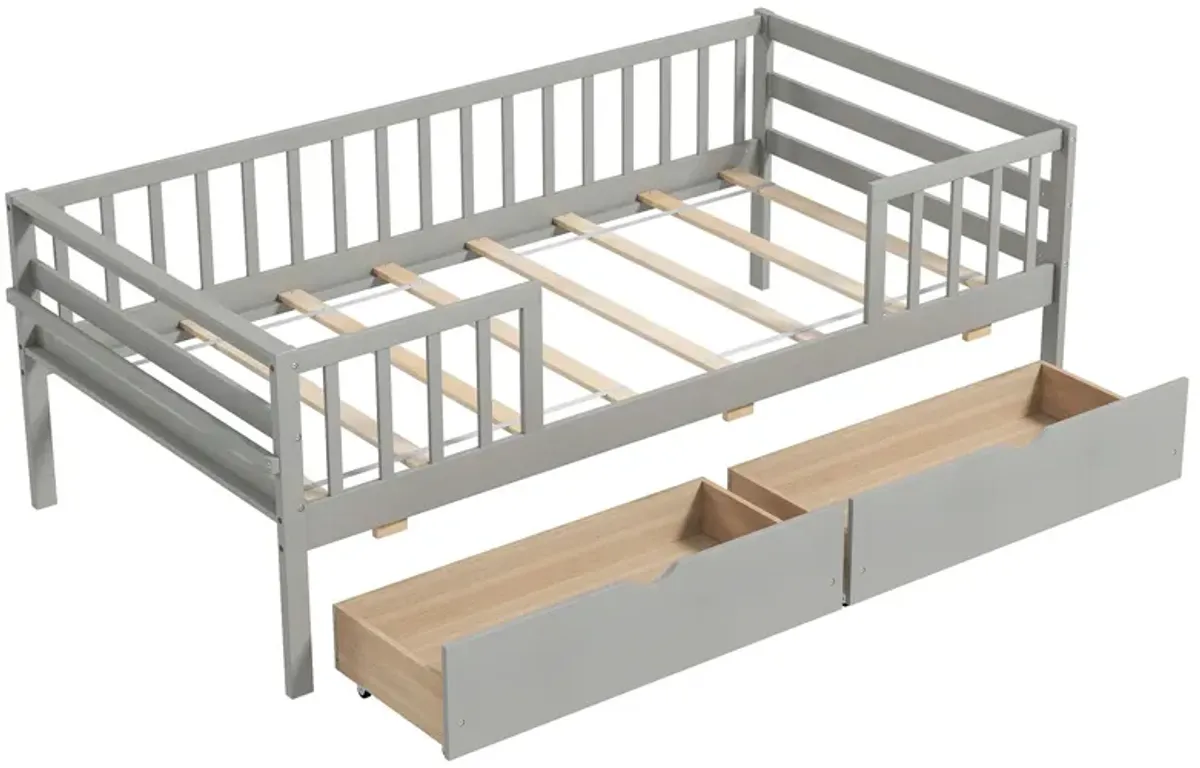 Kids Daybed with Fence and 2 Storage Drawers for Boys and Girls Bedroom