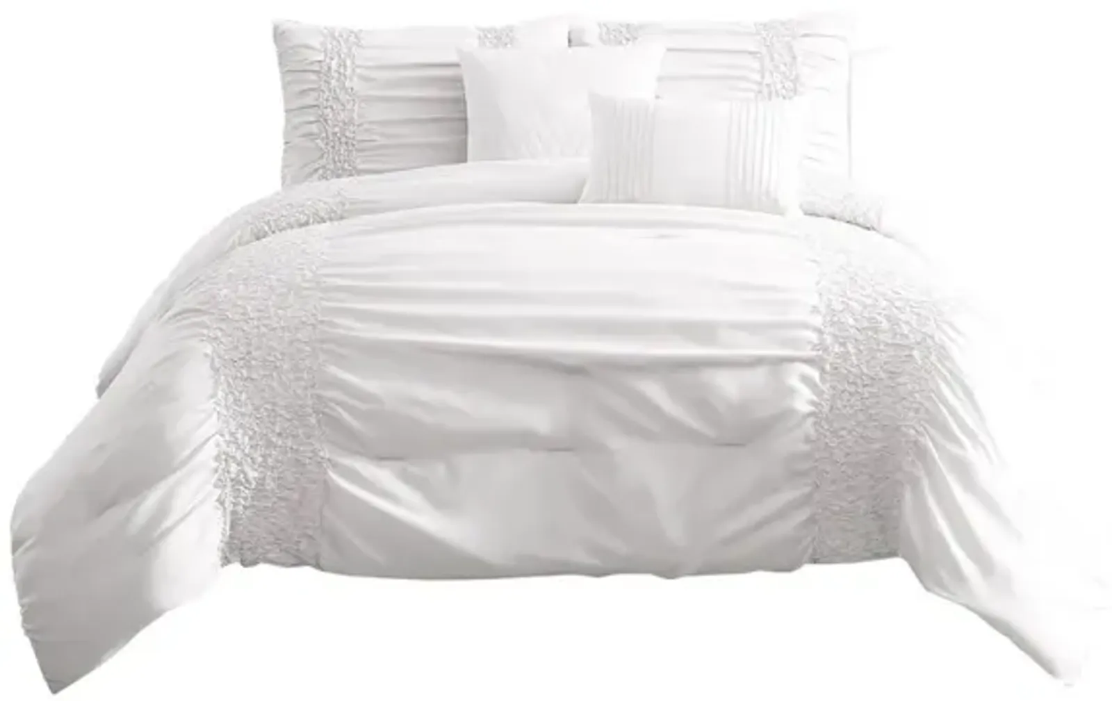 4 Piece Twin Comforter Set with Ruching Details, White - Benzara