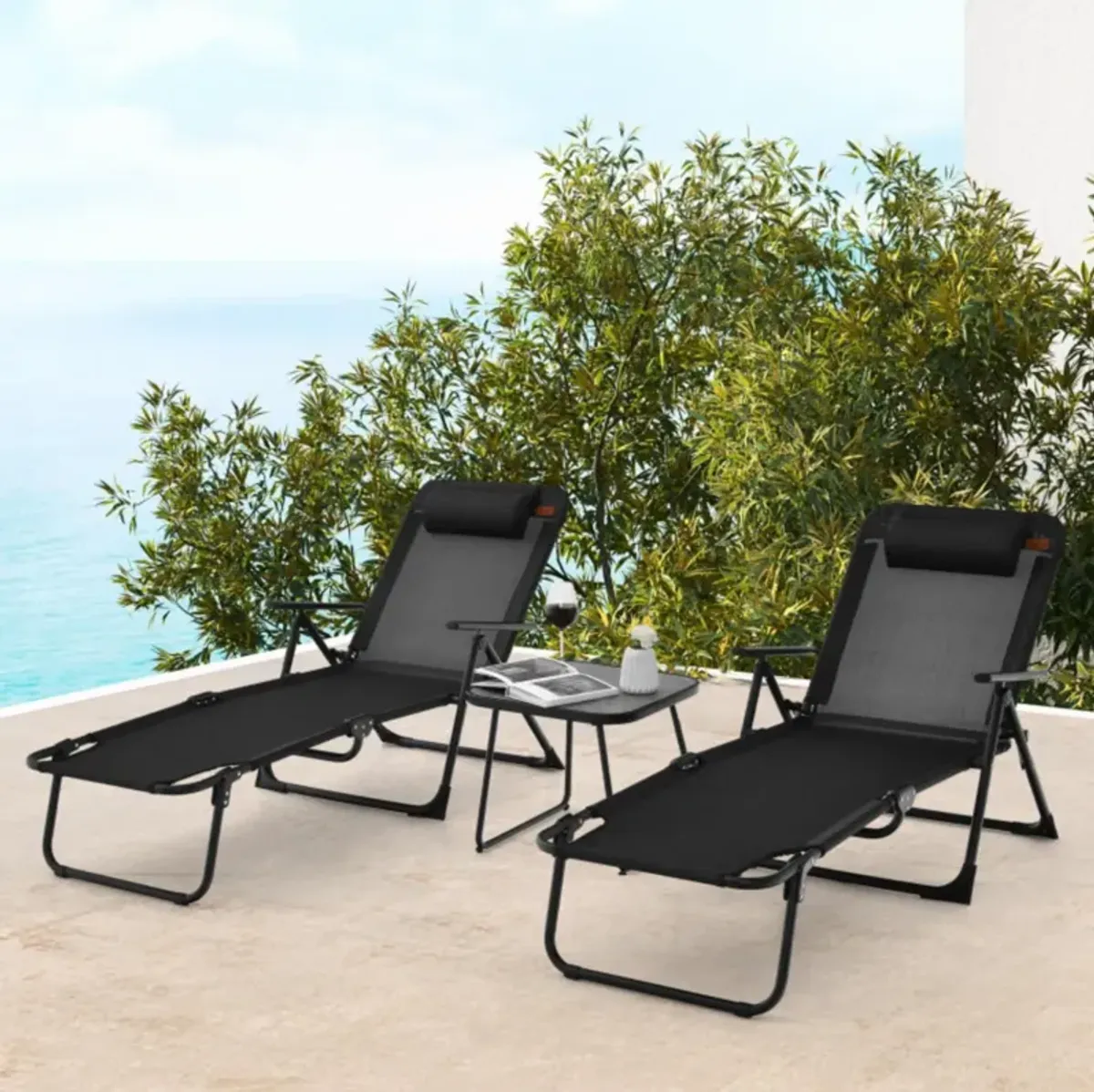 Hivvago 3 Pieces Patio Folding Chaise Lounge Set with PVC Tabletop