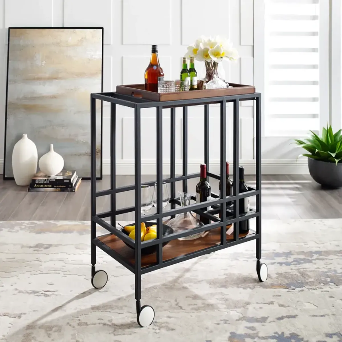 Inspired Home Ron Bar Cart Serving Tray with Caster