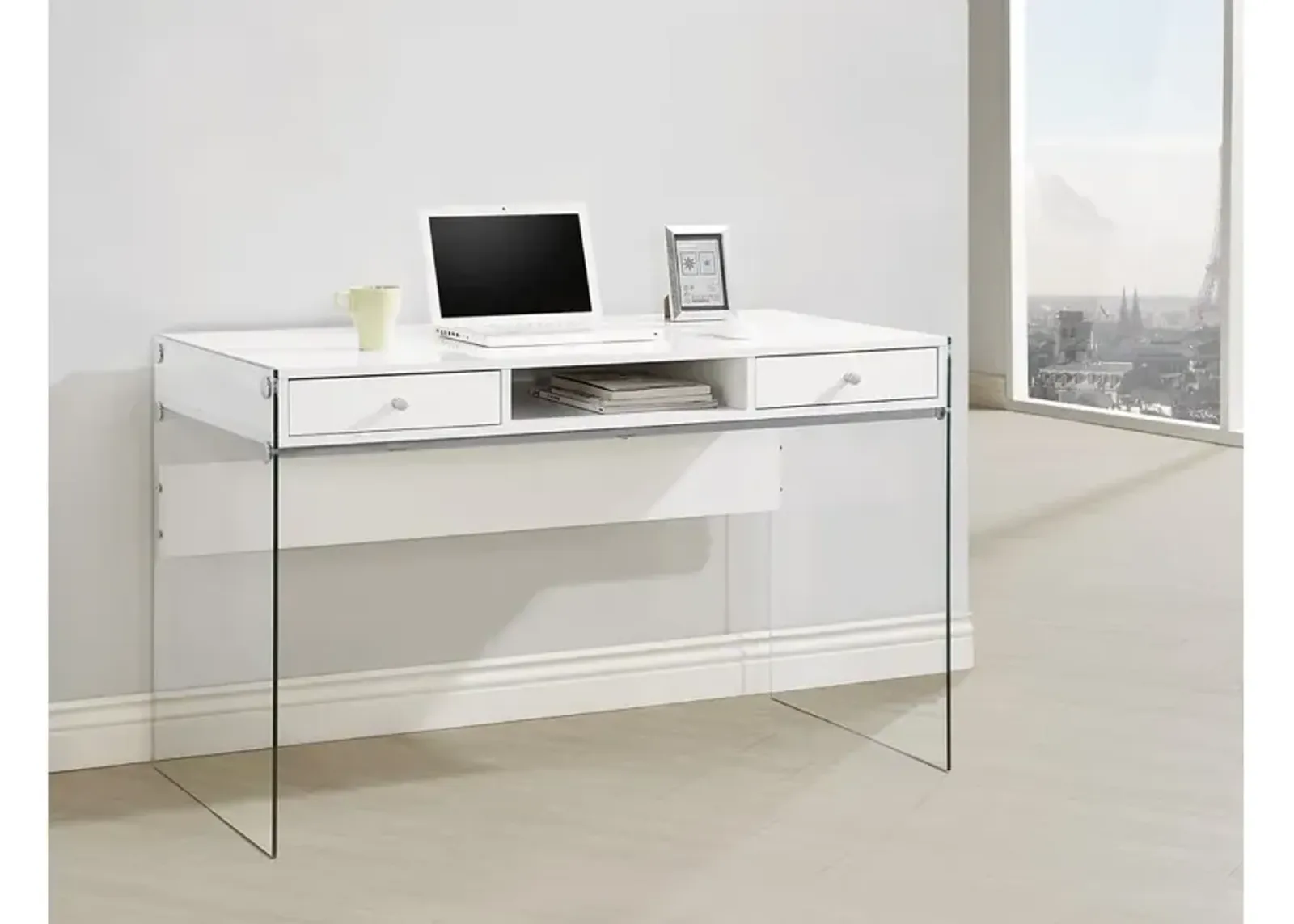 Contemporary Metal Writing Desk with Glass Sides, Clear And White - Benzara