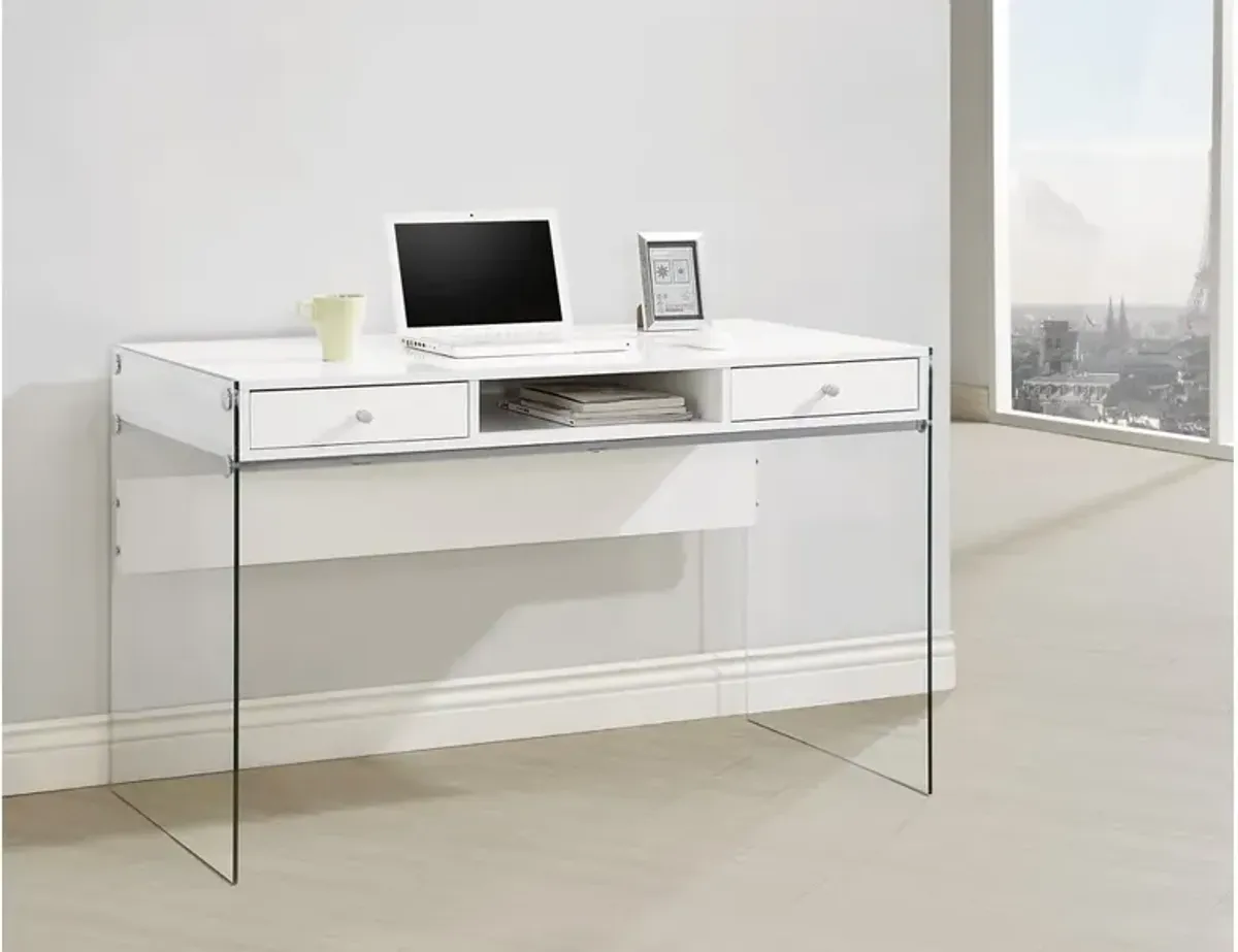 Contemporary Metal Writing Desk with Glass Sides, Clear And White - Benzara