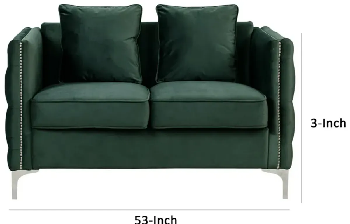 Zion 53 Inch Accent Loveseat, Nailhead Trim, Button Tufted, Green Velvet-Benzara