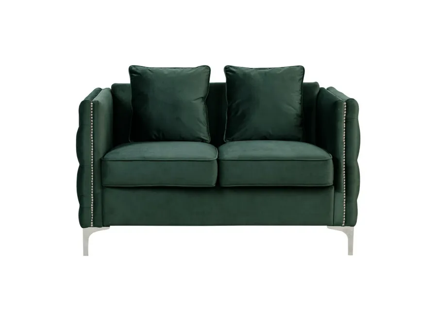 Zion 53 Inch Accent Loveseat, Nailhead Trim, Button Tufted, Green Velvet-Benzara