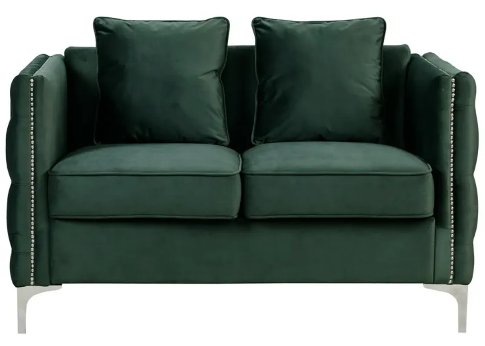 Zion 53 Inch Accent Loveseat, Nailhead Trim, Button Tufted, Green Velvet-Benzara