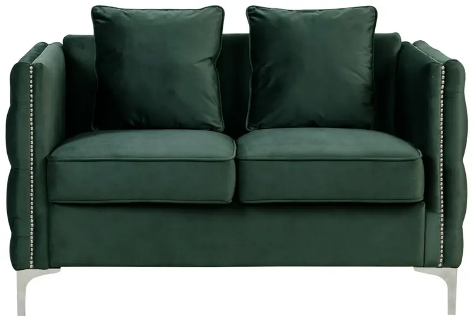 Zion 53 Inch Accent Loveseat, Nailhead Trim, Button Tufted, Green Velvet-Benzara