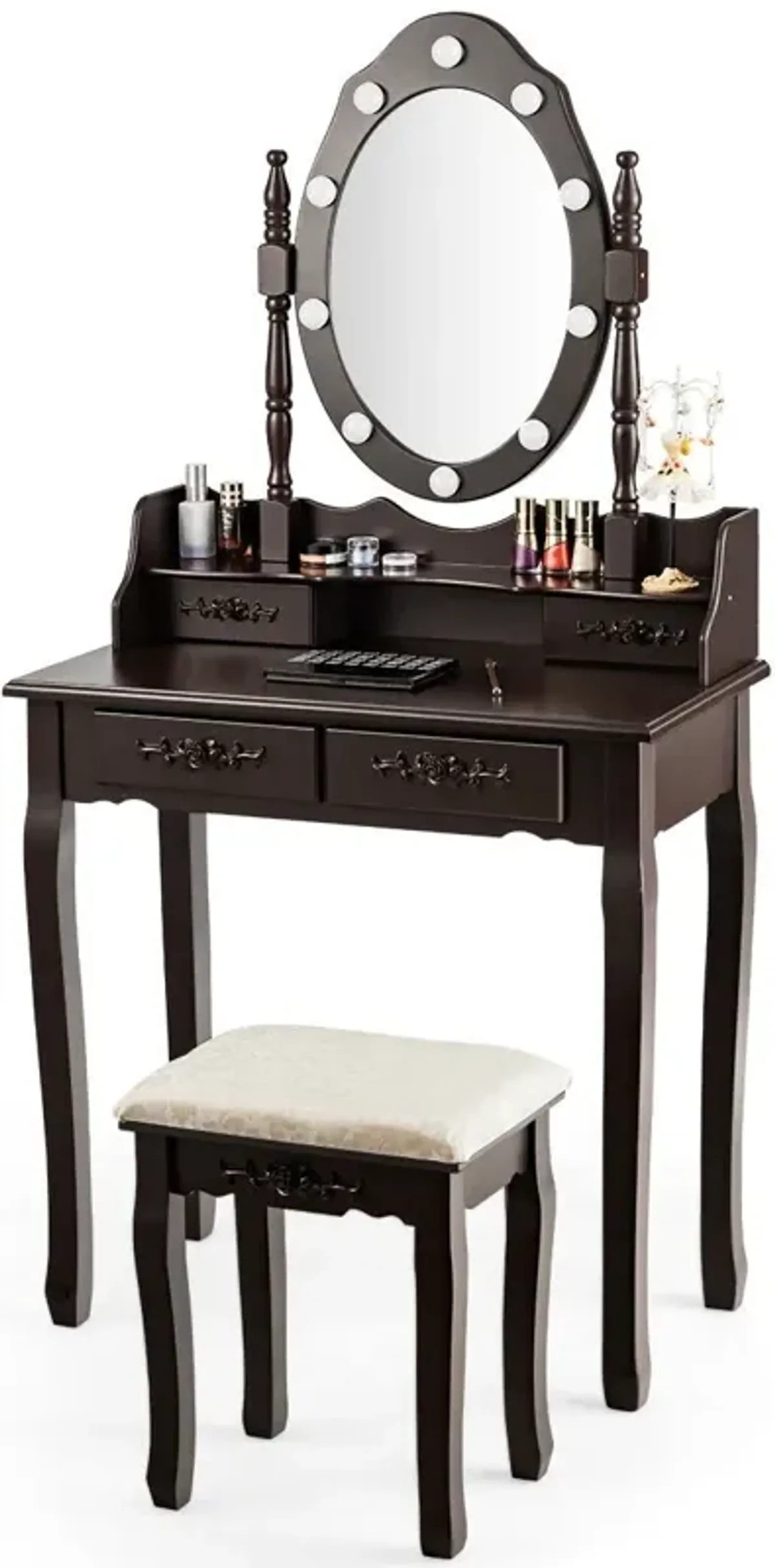 Makeup Vanity Dressing Table Set with Dimmable Bulbs Cushioned Stool