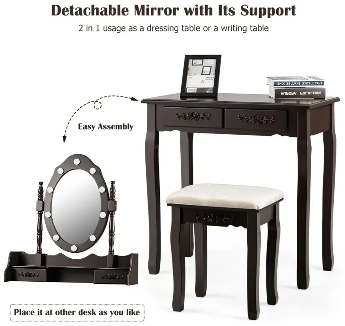 Makeup Vanity Dressing Table Set with Dimmable Bulbs Cushioned Stool