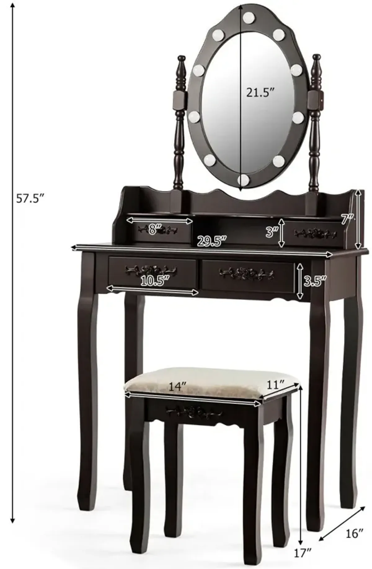 Makeup Vanity Dressing Table Set with Dimmable Bulbs Cushioned Stool