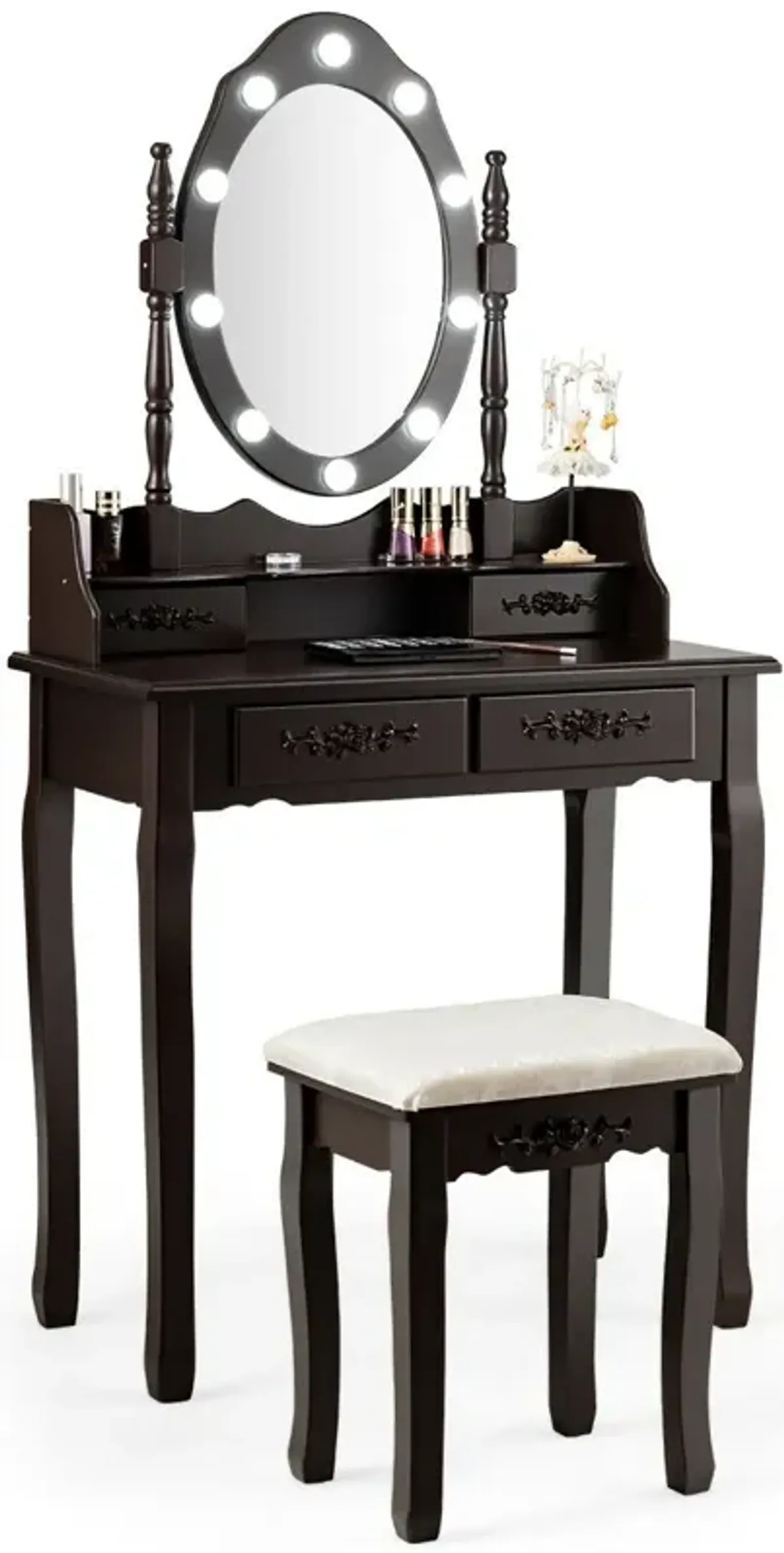 Makeup Vanity Dressing Table Set with Dimmable Bulbs Cushioned Stool