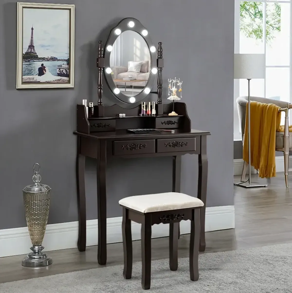 Makeup Vanity Dressing Table Set with Dimmable Bulbs Cushioned Stool