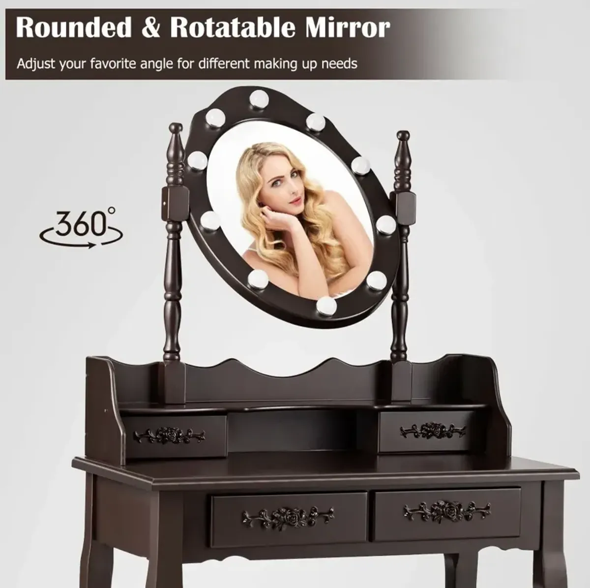 Makeup Vanity Dressing Table Set with Dimmable Bulbs Cushioned Stool