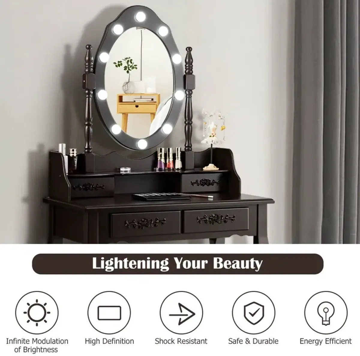 Makeup Vanity Dressing Table Set with Dimmable Bulbs Cushioned Stool