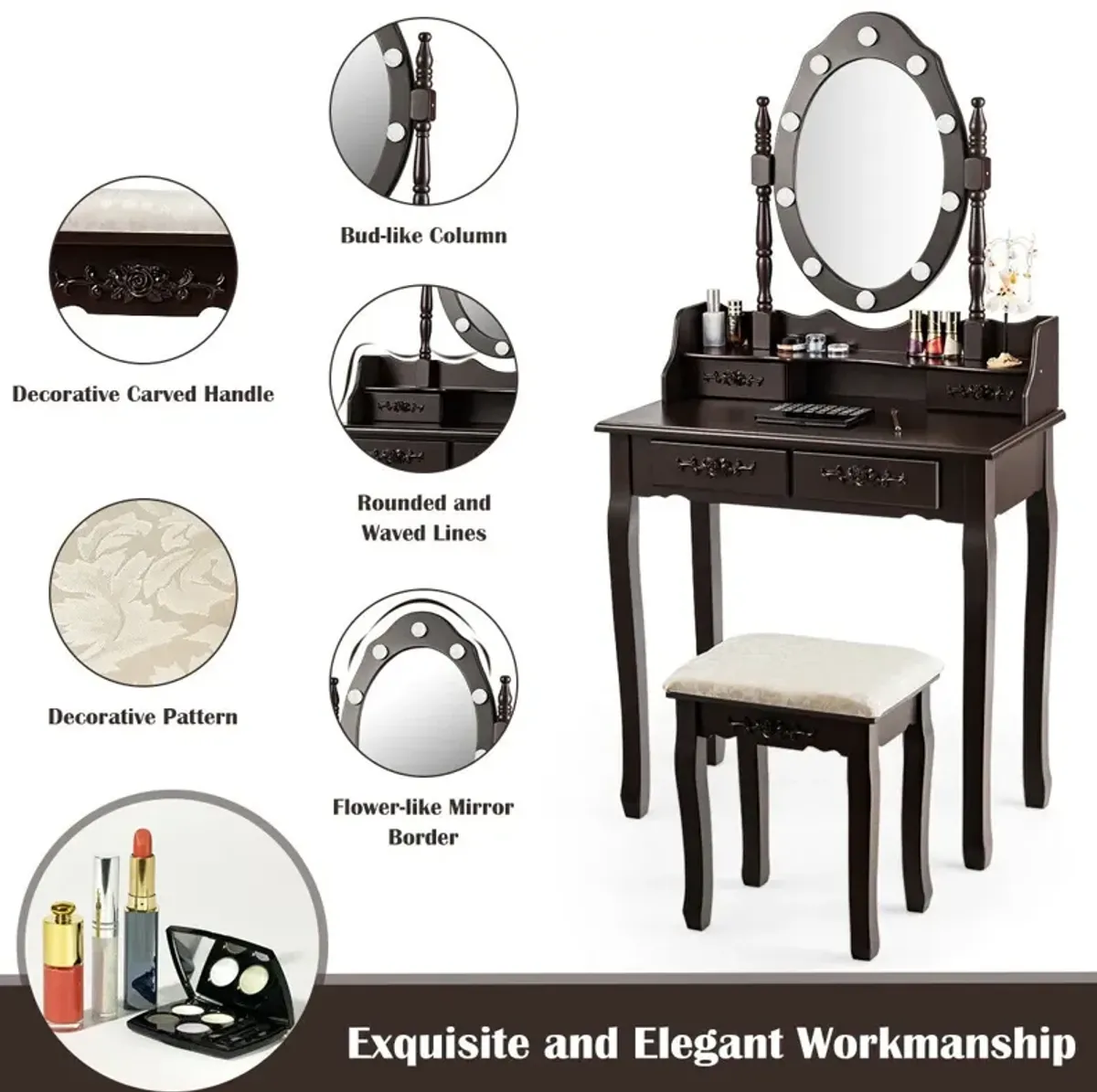 Makeup Vanity Dressing Table Set with Dimmable Bulbs Cushioned Stool