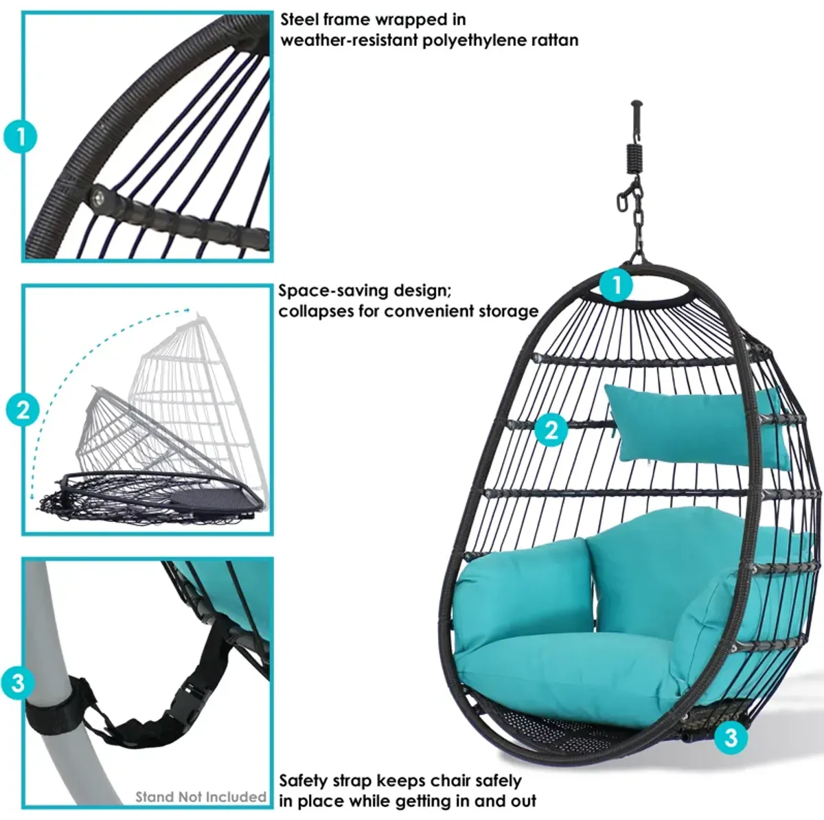 Sunnydaze Resin Wicker Hanging Egg Chair with Polyester Cushions