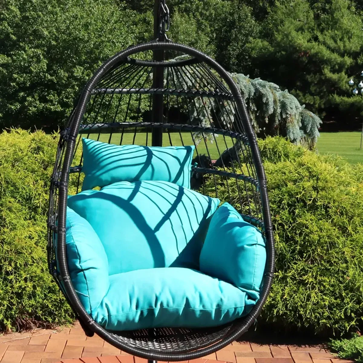 Sunnydaze Resin Wicker Hanging Egg Chair with Polyester Cushions