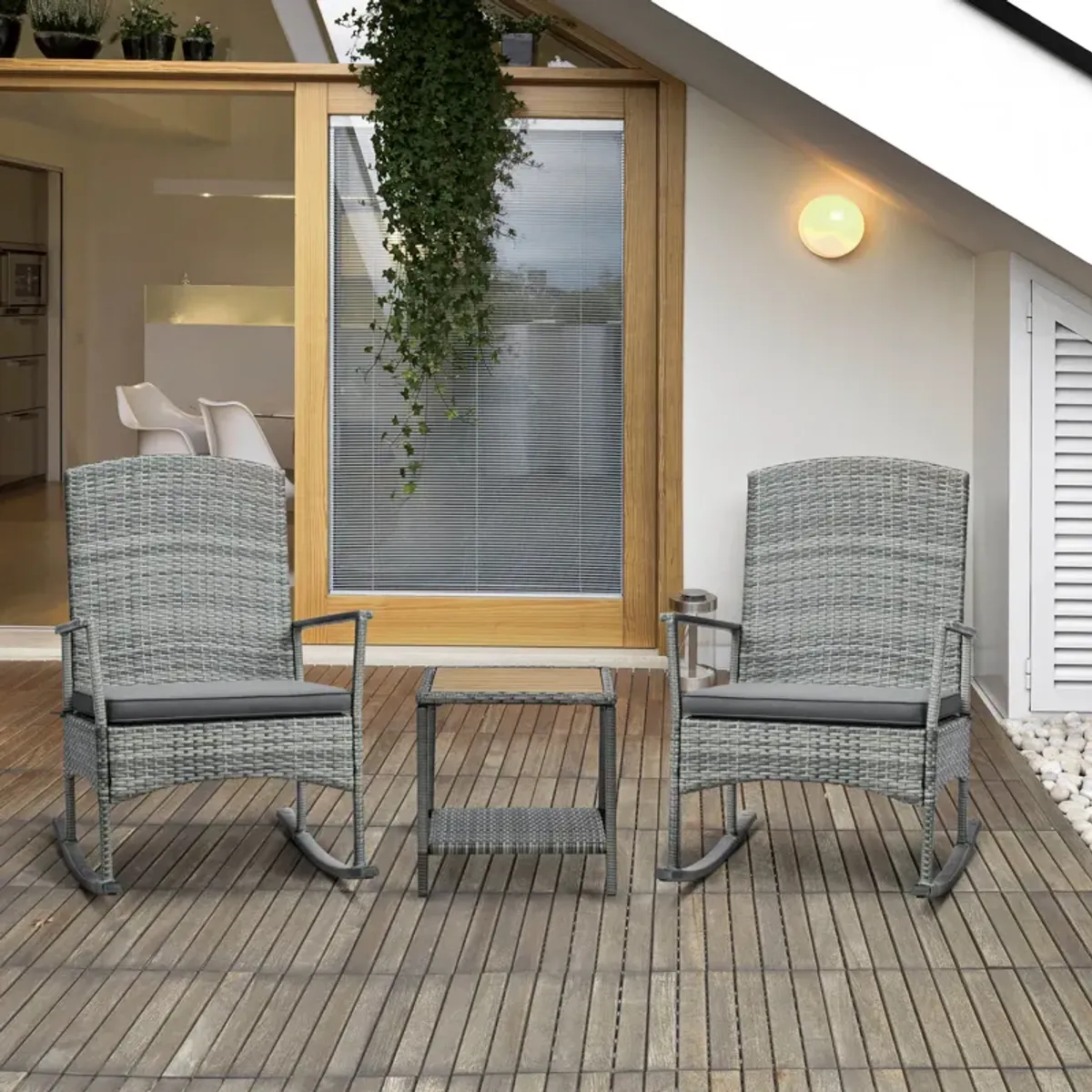 Grey Porch Relaxation: 3-Piece PE Rattan Rocking Chair Set