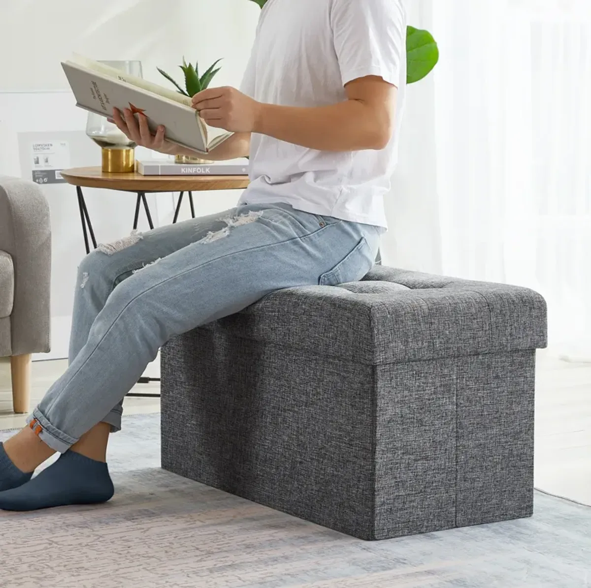 Foldable Tufted Storage Ottoman