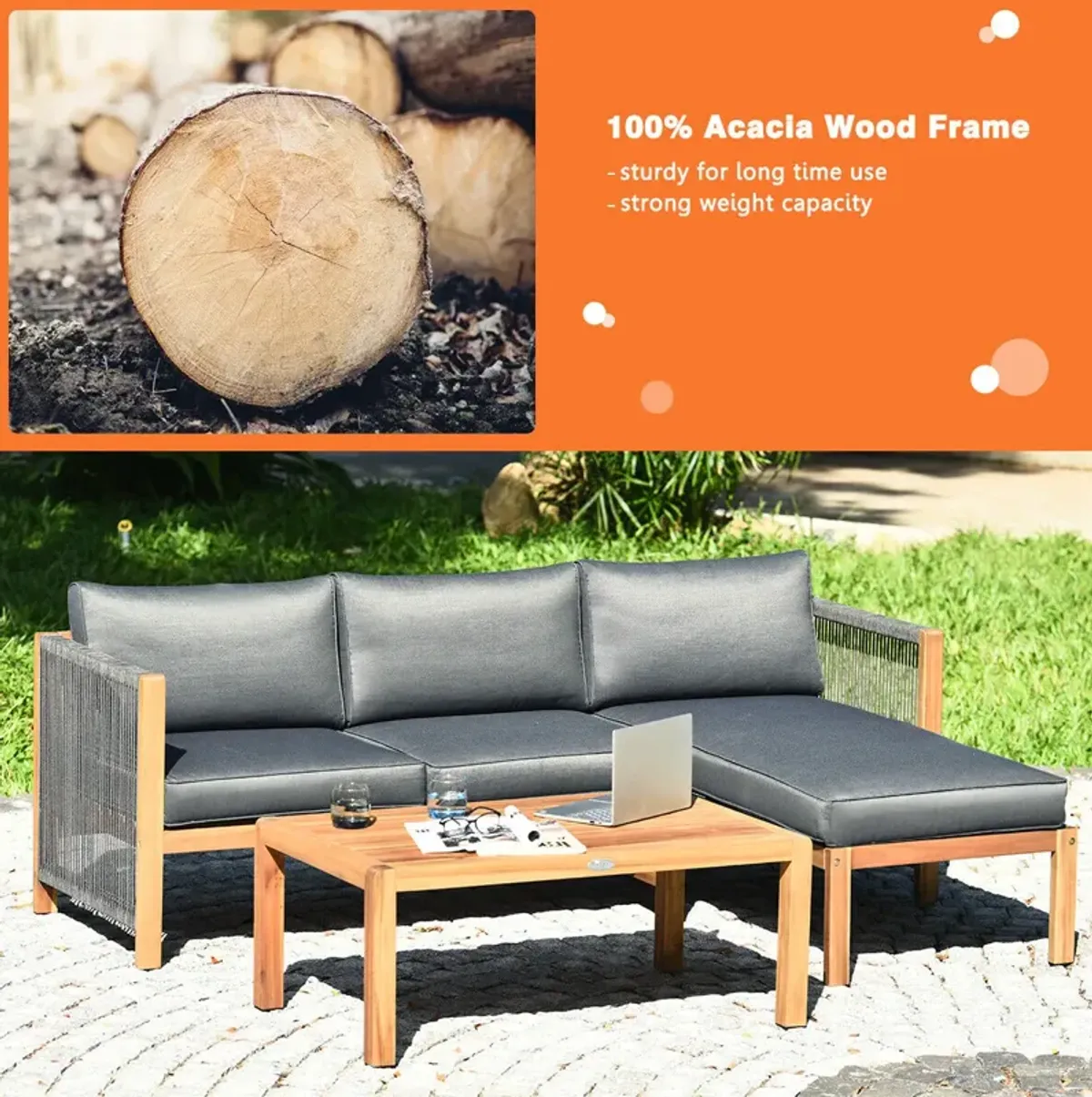 3 Piece Patio Acacia Sofa Set with Nylon Armrest