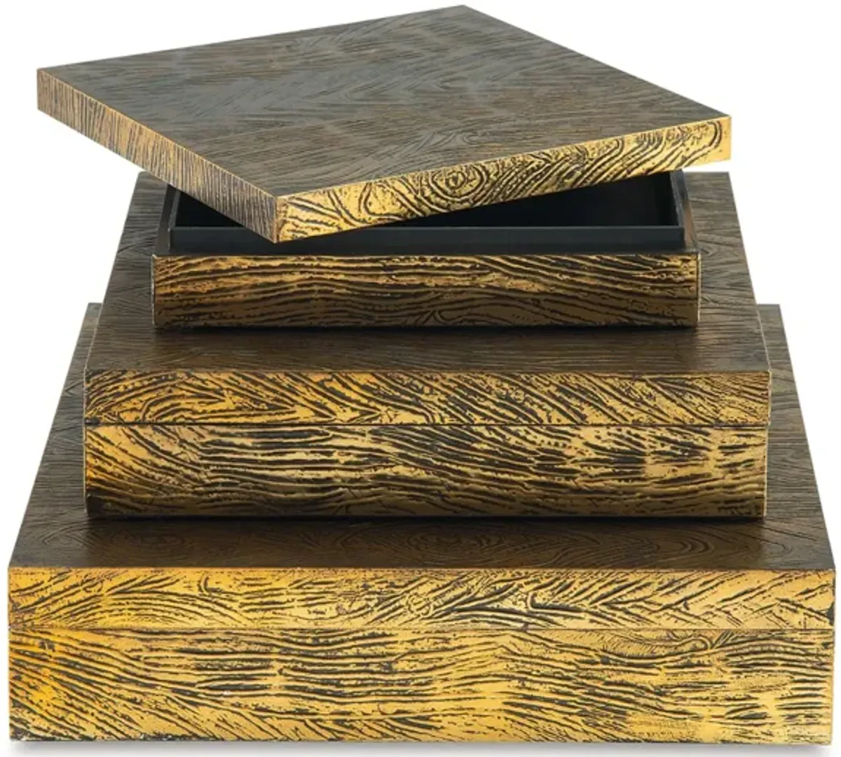 Lida Decorative Storage Box Set of 3, Wood and Brass Tone Metal Finish - Benzara