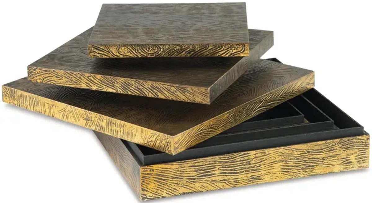 Lida Decorative Storage Box Set of 3, Wood and Brass Tone Metal Finish - Benzara