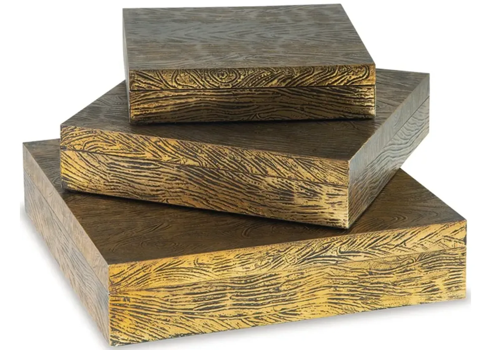 Lida Decorative Storage Box Set of 3, Wood and Brass Tone Metal Finish - Benzara