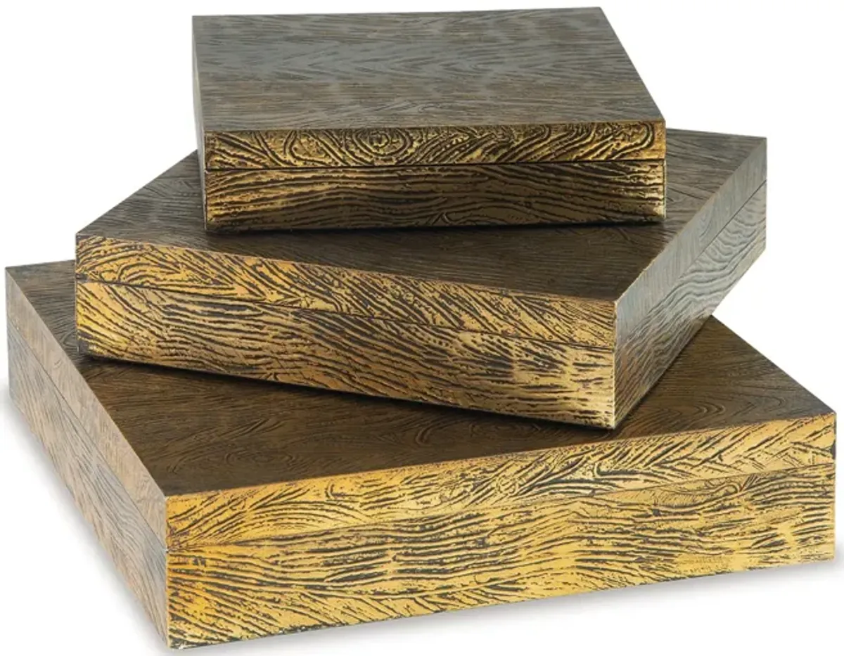 Lida Decorative Storage Box Set of 3, Wood and Brass Tone Metal Finish - Benzara