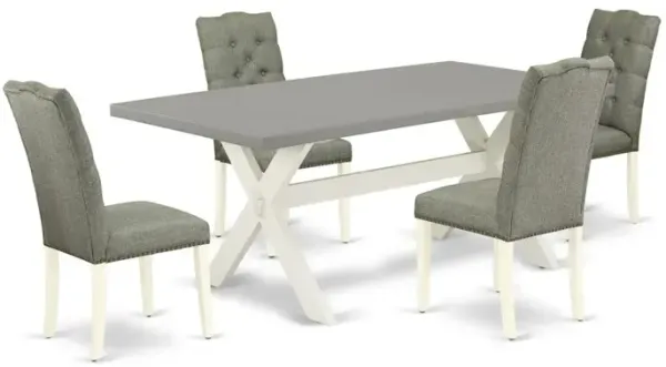 East West Furniture 5-Piece Dining Room Table Set- 4 padded parson chairs with Smoke Linen Fabric Seat and Button Tufted Chair Back - Rectangular Table Top & Wooden Cross Legs - Cement and Linen White