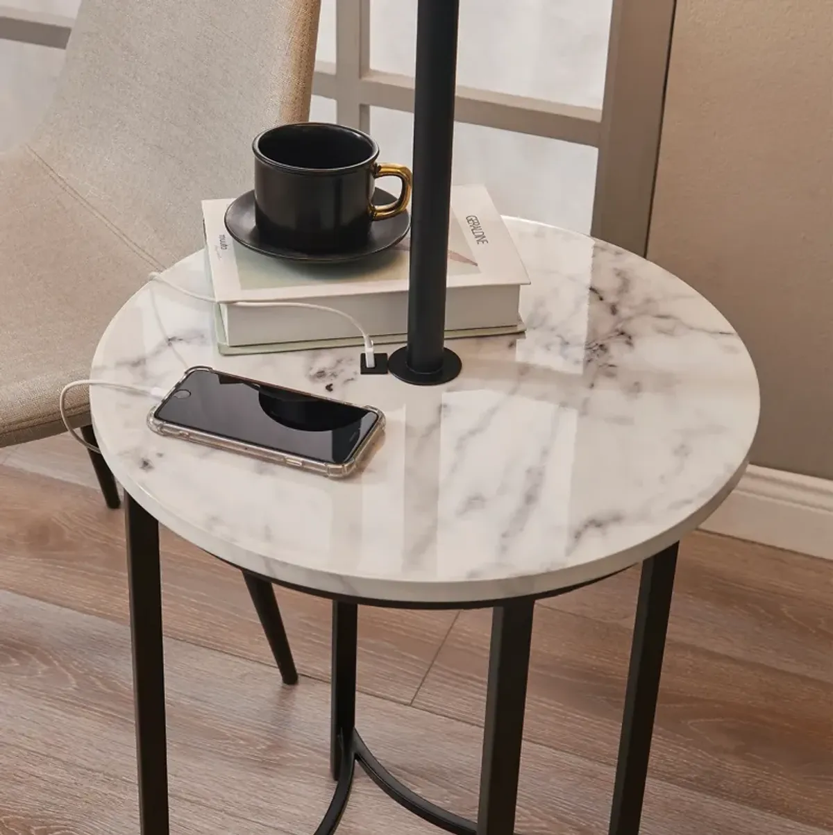 Teamson Home Shenna Floor Lamp with Table and Built-In USB, Faux Marble/Black