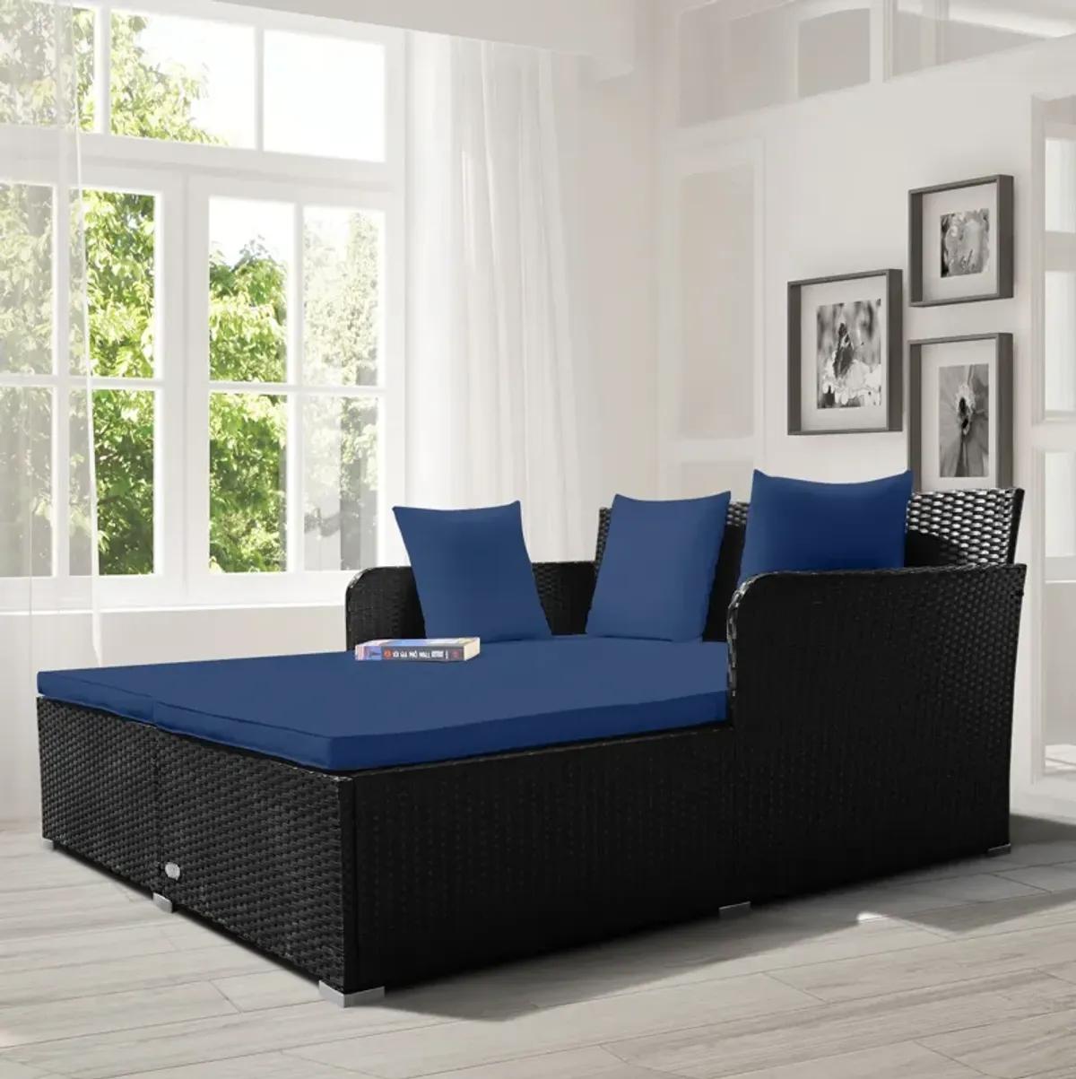 Spacious Outdoor Rattan Daybed with Upholstered Cushions and Pillows