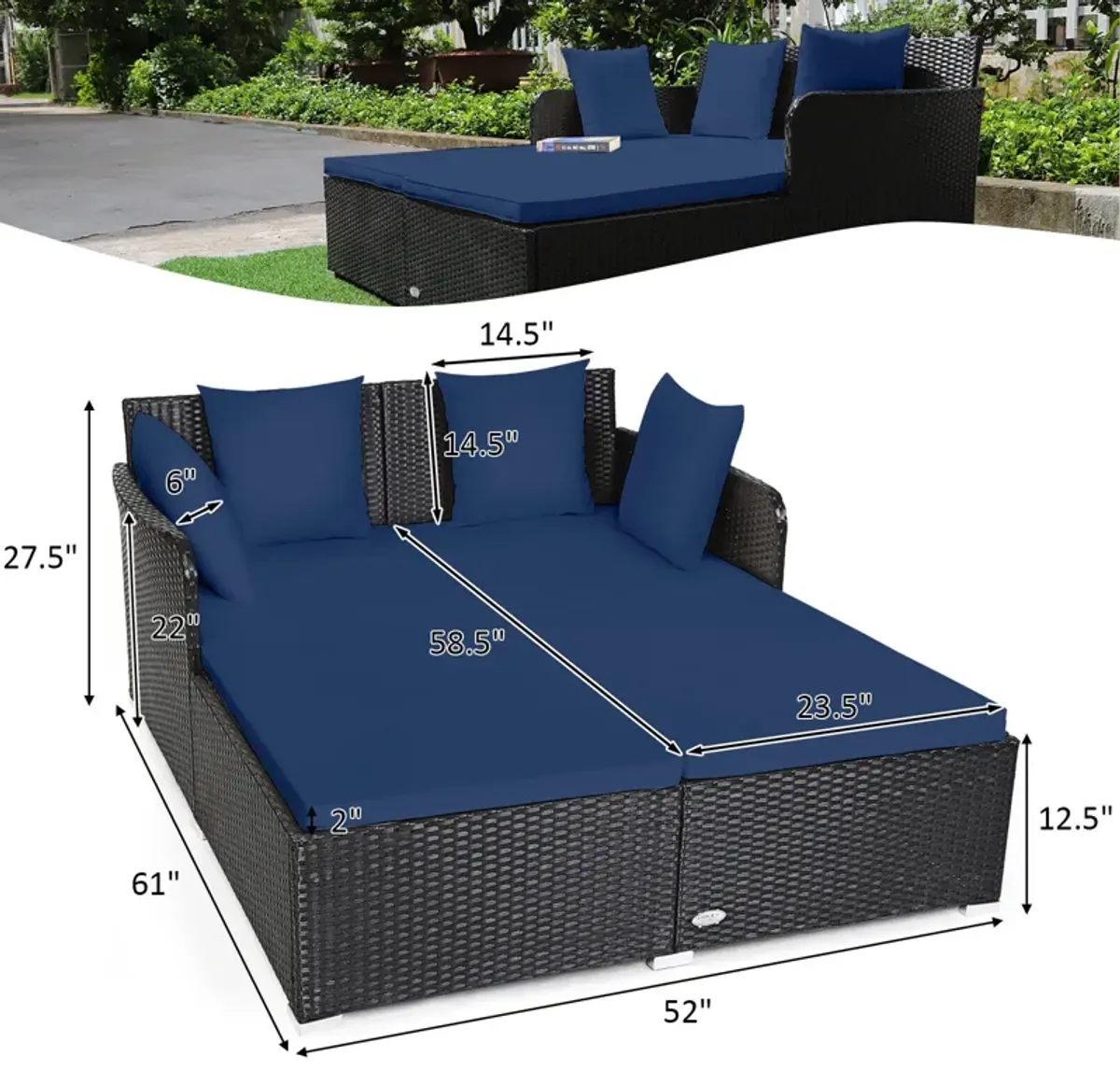 Spacious Outdoor Rattan Daybed with Upholstered Cushions and Pillows