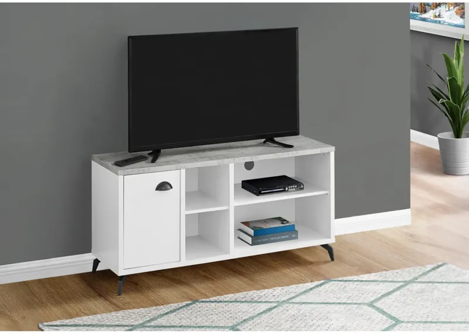 Monarch Specialties I 2840 Tv Stand, 48 Inch, Console, Media Entertainment Center, Storage Cabinet, Living Room, Bedroom, Laminate, Metal, Grey, White, Contemporary, Modern