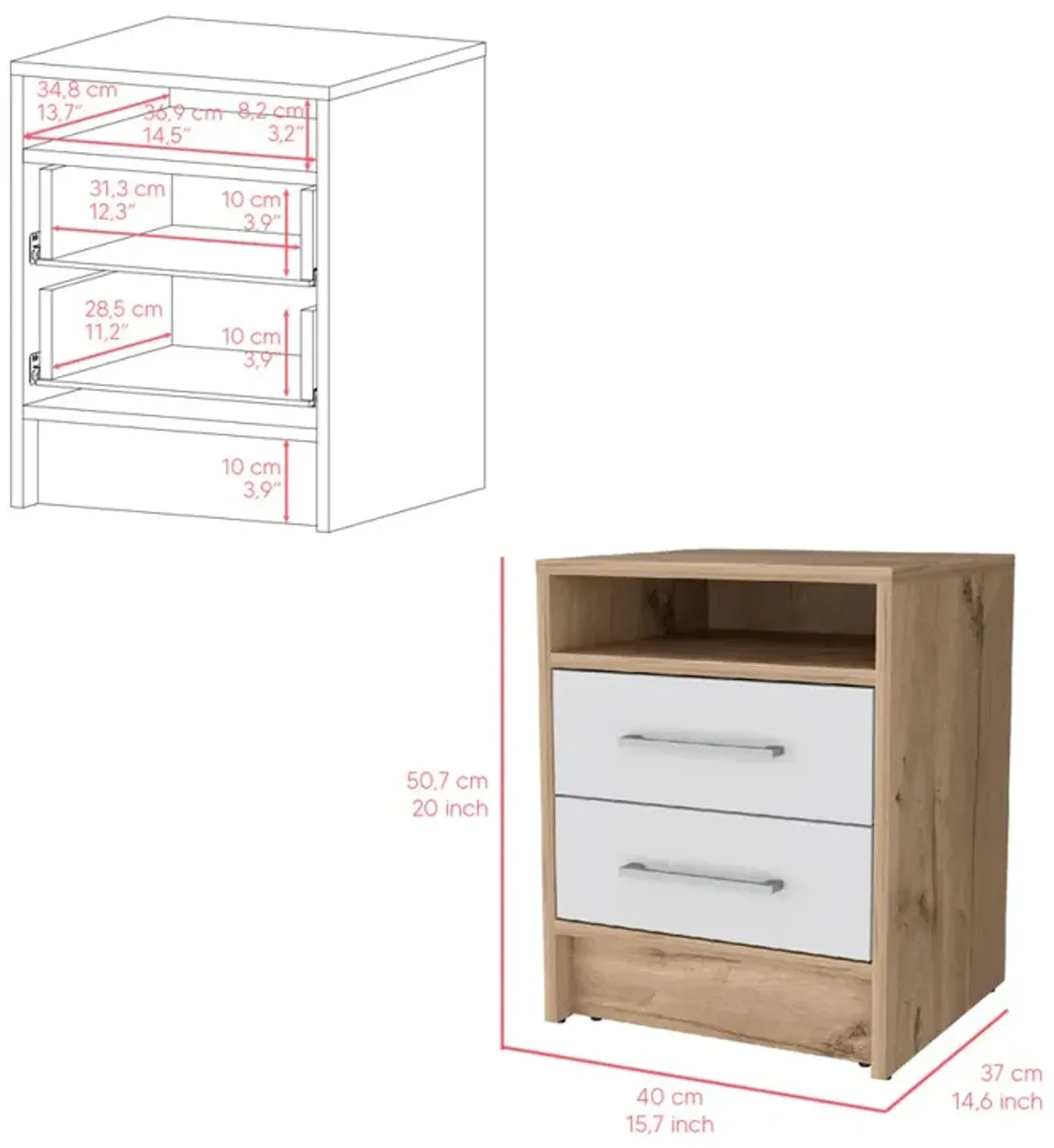 Nightstand Cartiz, Bedroom, White / Light Oak