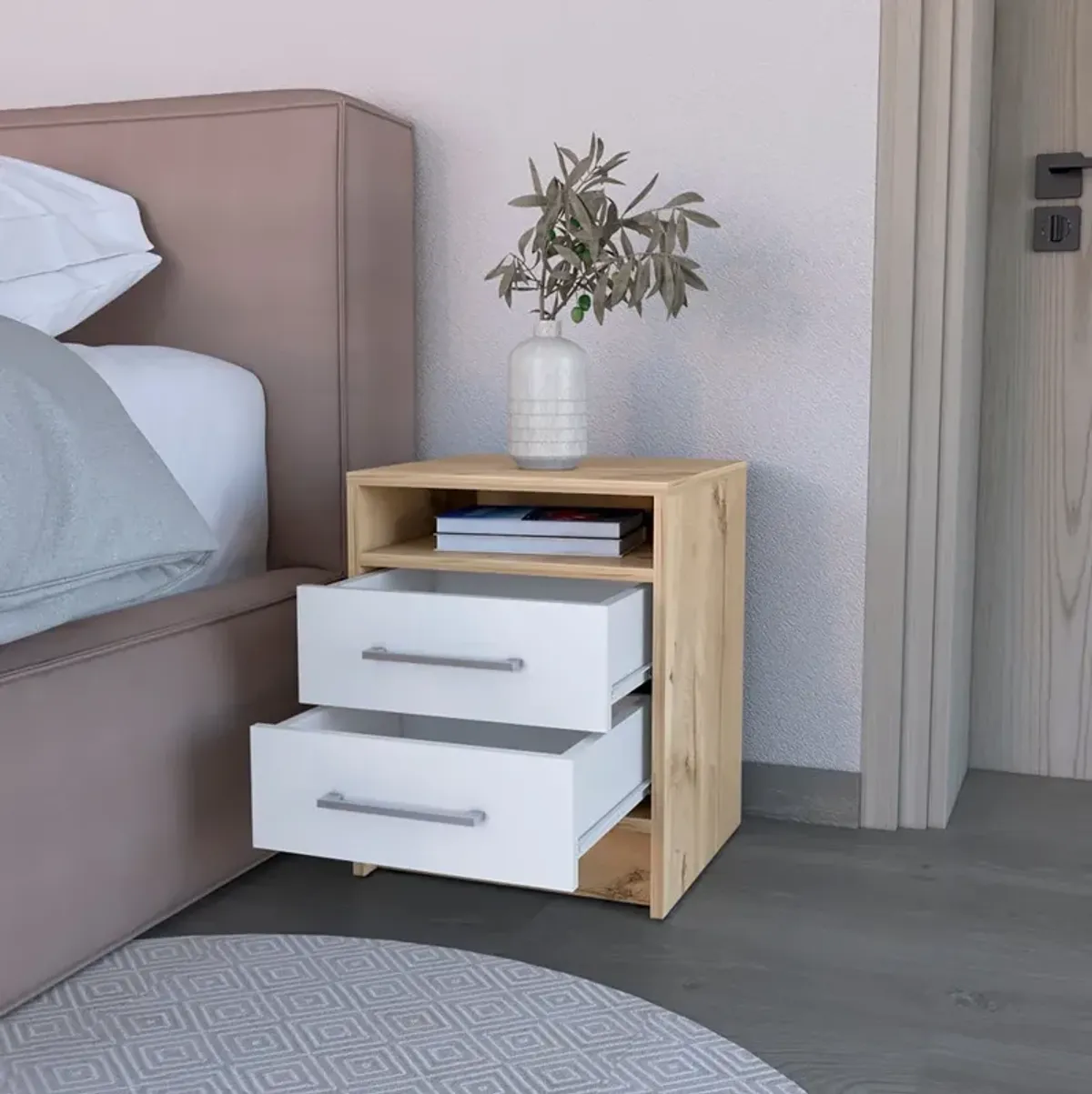 Nightstand Cartiz, Bedroom, White / Light Oak