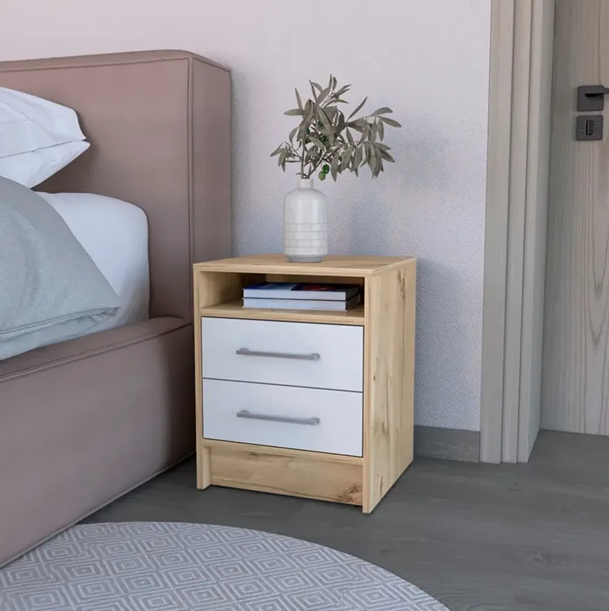 Nightstand Cartiz, Bedroom, White / Light Oak